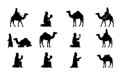 Fototapeta premium Nativity Scene Silhouettes: Three Wise Men with Camels, Religious Christmas Icons, Vector Set