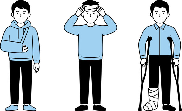 Set of three men with various injuries including arm sling, head bandage, and leg cast with crutches
