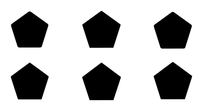 Six Black Pentagon Shapes, Geometric Icons, Simple Polygon Elements, Modern Graphic Design Assets, Clean Vector Forms