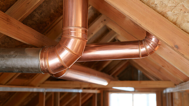 Shiny copper ventilation pipes installed in an unfinished wooden attic frame showing modern construction work and domestic heating systems setup