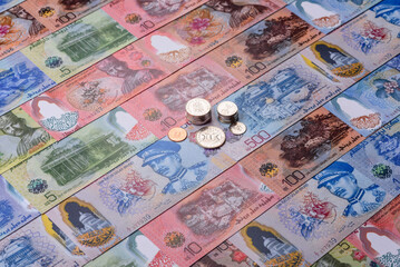 Brunei paper money, dollar banknotes and sen coins as currency for exchange or travel. Brunei money © chernikovatv