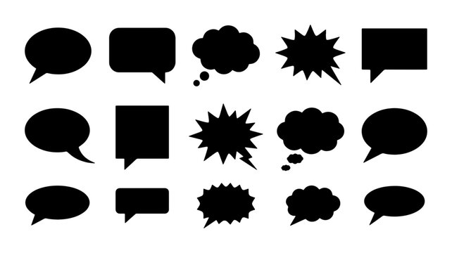 Speech Bubbles Vector Set, Comic Style Dialogue Clouds, Communication Icons, Message Shapes, Black and White Conversation Graphics