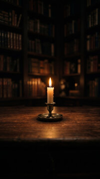 Burning candle on vintage wooden desk in dark library with copy space. Generative AI