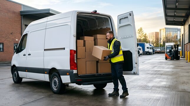 Delivery driver loading cardboard packages into a white van at warehouse