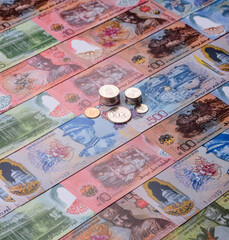 Brunei paper money, dollar banknotes and sen coins as currency for exchange or travel. Brunei money © chernikovatv