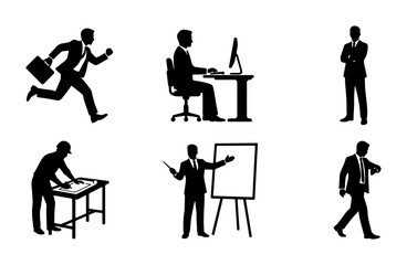Fototapeta premium Business Professionals Silhouettes, Office Workers Actions, Corporate Figures Set, Modern Workplace Icons, Vector Collection