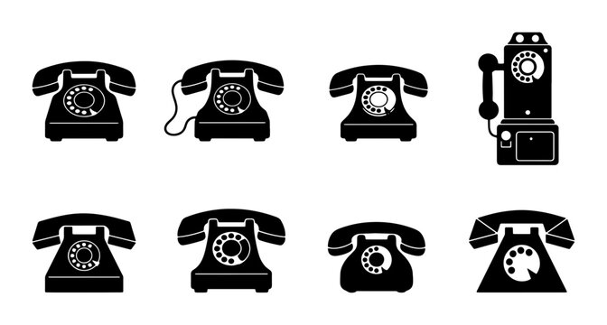 Retro Rotary Dial Telephones, Vintage Communication Devices, Classic Black Phone Icons Set, Old Fashioned Telephone Graphics