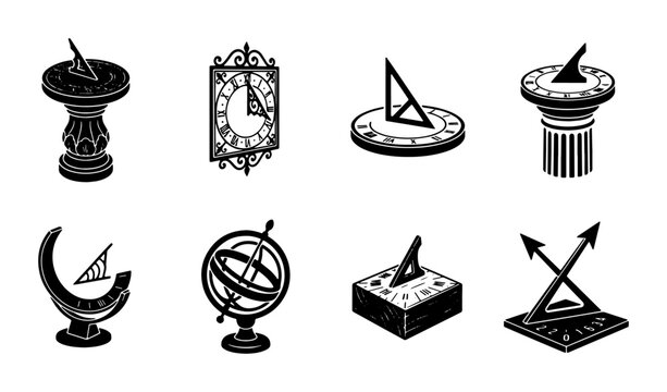 Vintage Sundials and Astronomical Instruments Vector Icons Set, Antique Timekeeping Devices Collection, Scientific Tools Graphics