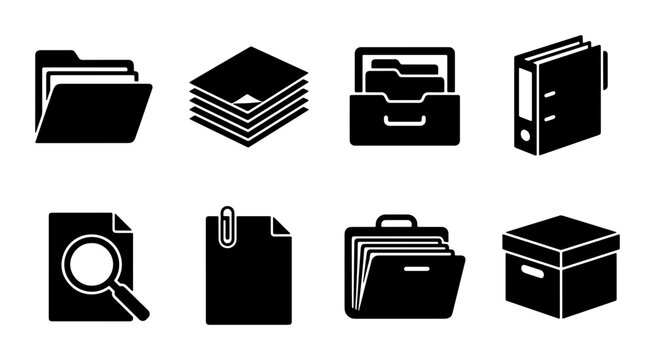 Document Organization Icons, File Management Symbols, Paperwork Storage Graphics, Office Supplies Set
