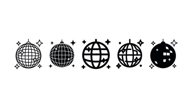 Set of five black and white disco ball vector icons