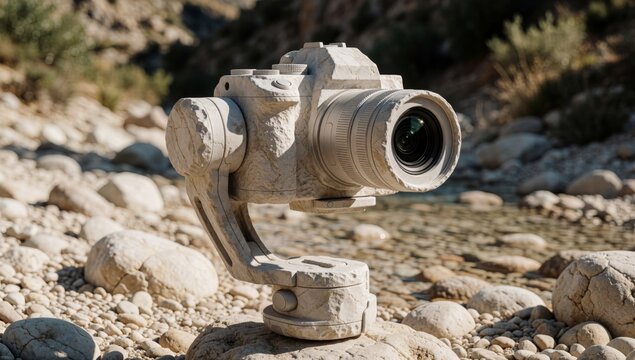 Close-up camera mounted tripod made concrete has large lens attached resting rocky ground small pebbles scatte