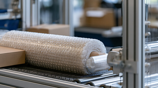 Industrial conveyor system with roll of protective bubble wrap packaging material inside a modern warehouse logistics and distribution center