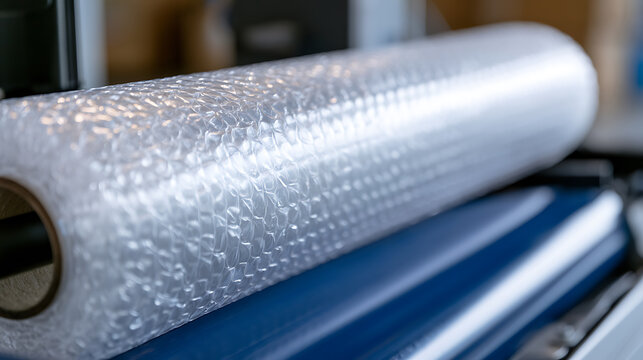 Large roll of transparent bubble wrap plastic film loaded on industrial manufacturing machine in warehouse for packaging protection use