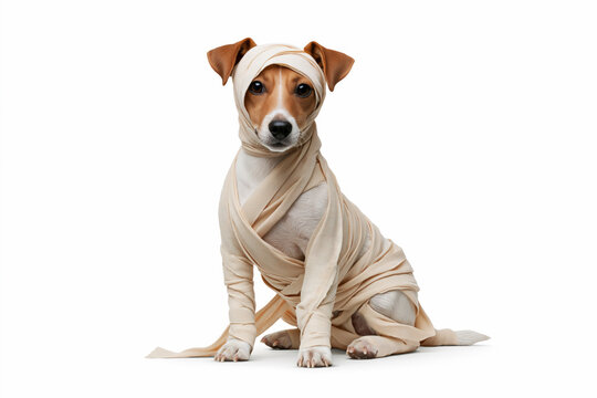 Dog wearing mummy bandage costume sitting for Halloween