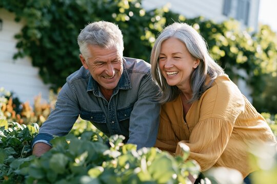 Laughing mature couple tending vegetable plants in a sunny backyard garden for natural lifestyle poster and banner design