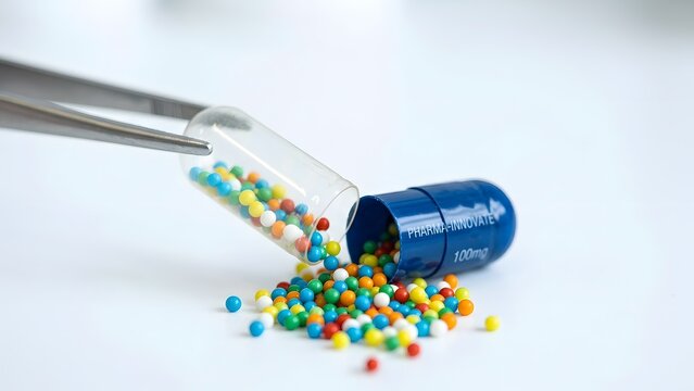 Close-up of pharmaceutical capsule with colorful micro-beads spilling out, held by tweezers