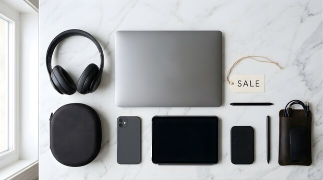 Flat lay of modern technology devices and sale tag on white marble desk