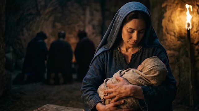 virgin mary gently holding newborn jesus christ in her arms inside a rustic stable while the three wise men kneel in worship during the sacred epiphany and traditional christmas celebration