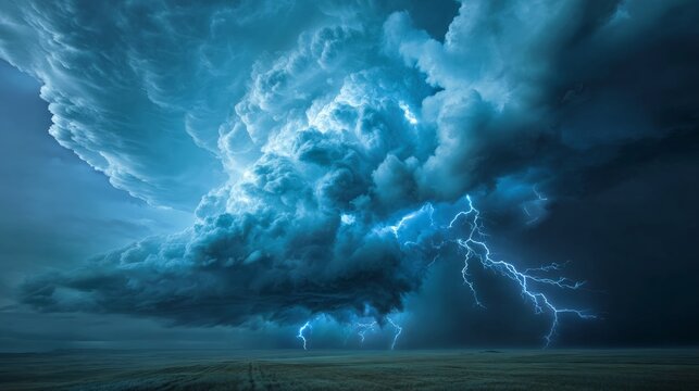 Thunder cracks across a storm-choked sky. Lightning bolts strike the horizon with raw power. Dark clouds swirl like a living, roaring beast. The earth below appears quiet and vast