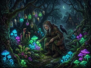 Fototapeta premium Old witch gathering glowing bioluminescent mushrooms and carnivorous plants in a dark enchanted forest