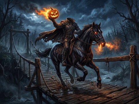 Headless horseman riding a black horse on a wooden bridge holding a flaming jack-o-lantern head Halloween legend