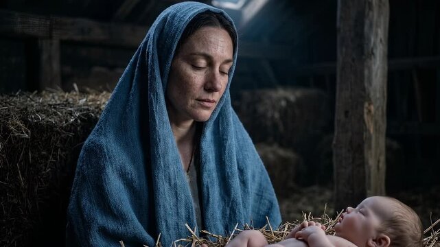 virgin mary gently watching newborn jesus christ sleeping inside a rustic wooden stable filled with straw during the peaceful christmas eve nativity celebration under soft light