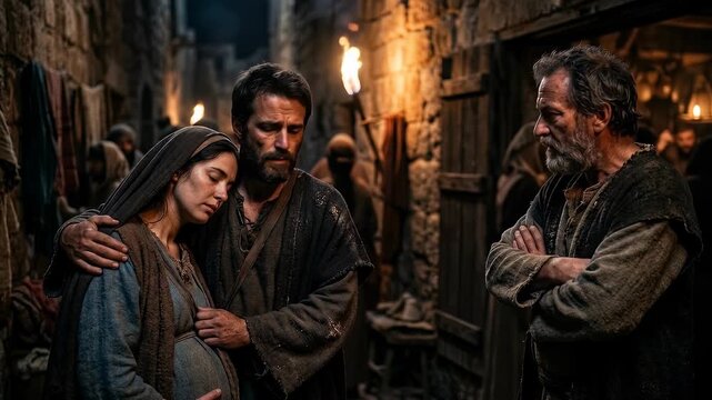 virgin mary and saint joseph walking through the narrow crowded streets of bethlehem looking for shelter during a dramatic biblical night scene before the holy birth