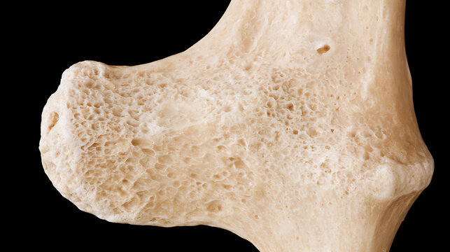 Detailed macro view of human bone trabecula inside the calcaneus, showcasing spongy bone architecture and internal skeletal structure