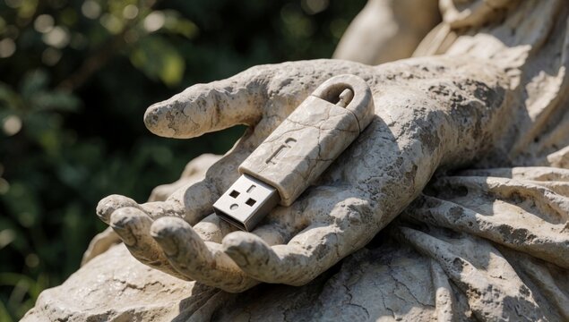 Close-up statue hand holding usb flash drive made stone appears old weathered cracks crevices visible surface