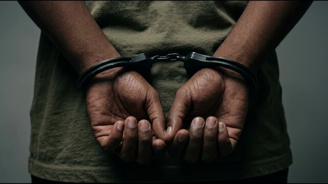 Arrested Person with Hands Cuffed Behind Back Showing Restraint and Law Enforcement