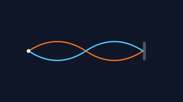 Abstract sine wave animation with intertwined orange and blue lines on dark 4k background, motion intertwined