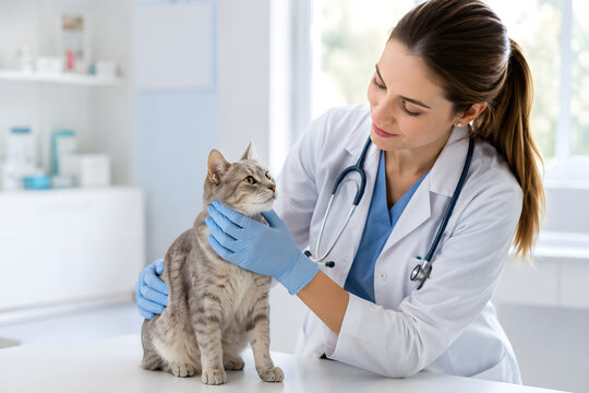 Professional female veterinarian examining grey cat in clinic.