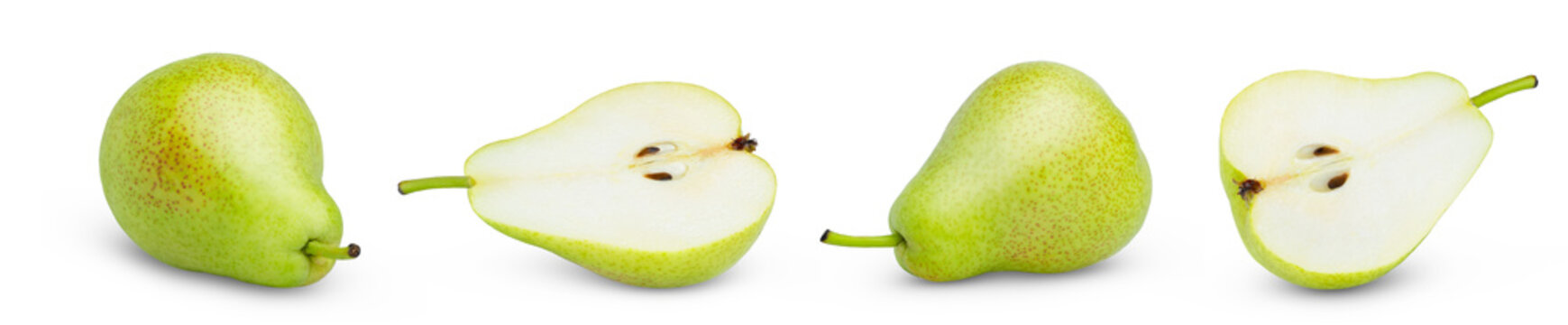 Green organic pears isolate with shadows. Green juicy pear and cut in a half and a slice of ripe pear isolated on white background.