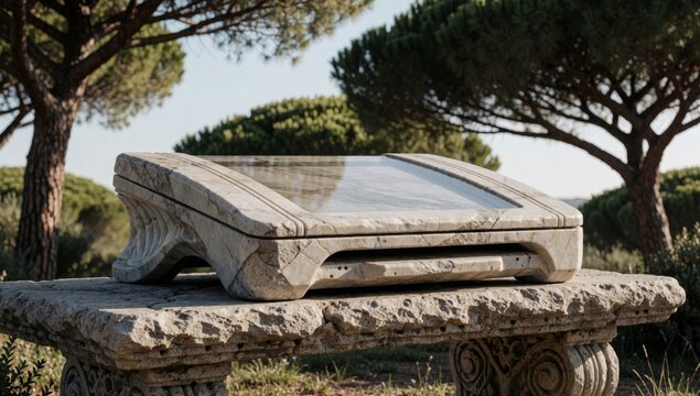 Stone bench rectangular top made light-colored has intricate carvings legs arms covered clear glass panel allo