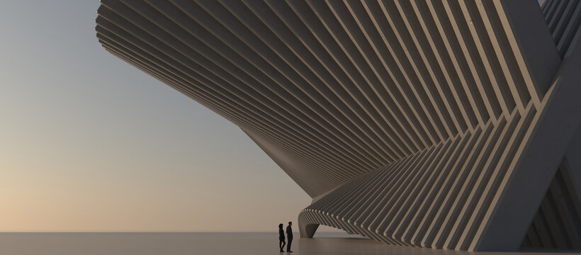 Modern parametric architectural pavilion with two small silhouettes standing for scale