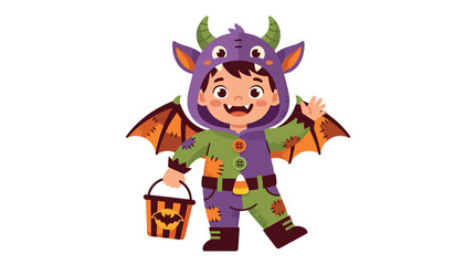 Naklejka premium Happy Child in Cute Dragon Costume Holding Candy Bucket