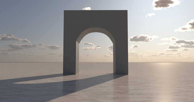 Minimalist monolithic architectural arch standing in an open environment at sunset