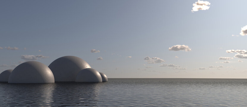 Modern architectural dome structures floating on a tranquil ocean surface