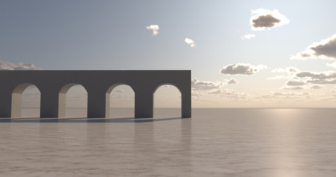 Minimalist monolithic arcade structure with multiple arches under a sunset sky
