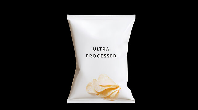 Blank white snack bag mockup with ultra processed label and potato chips isolated on black background for health and diet concept art
