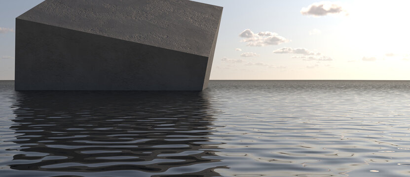 Minimalist brutalist architectural monolith partially submerged in a calm ocean at sunset