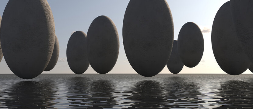 Surreal oval stone monoliths levitating over a calm ocean surface at sunset