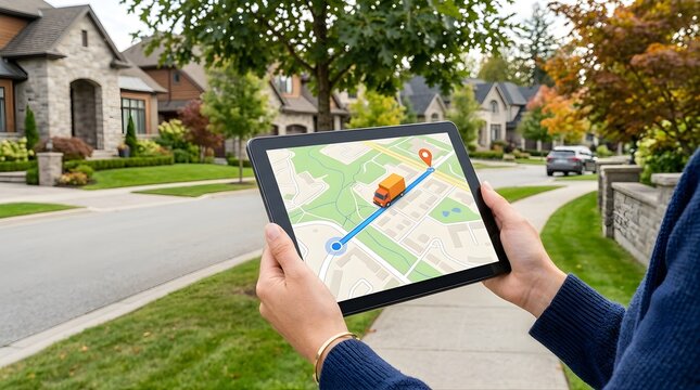 Person holding tablet with delivery tracking map on a residential street