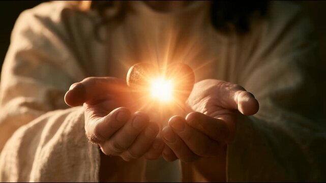 Jesus Christ stands with His hands open, holding a shining heart. This scene shows love and compassion. The light radiates from His hands, symbolizing hope.