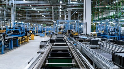 Fototapeta premium Modern industrial warehouse interior with automated conveyor systems and organized production equipment under bright lighting