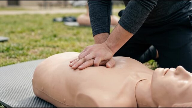 Hands Demonstrating Cpr Chest Compressions on a Lifelike Medical Training Dummy Outdoors Showcasing Vital First Aid Skills