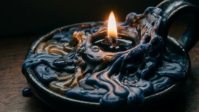 Dark lit candle burning inside ornate melting wax holder on wooden table. Spooky gothic atmosphere with moody atmospheric lighting. Halloween 2026 celebration and dark horror holiday concept.