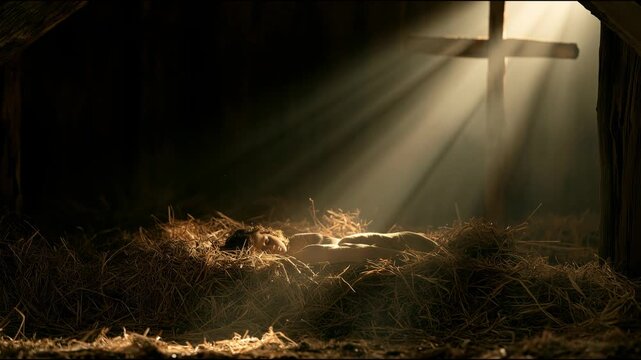 A baby lies in a manger made of straw in a stable. Light shines from a cross above. This scene represents the birth of Jesus Christ. It is dark around the stable.