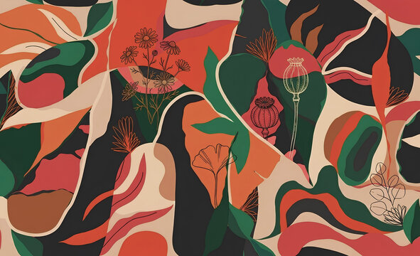 Collage contemporary floral seamless pattern. Modern exotic jungle fruits and plants illustration in vector.