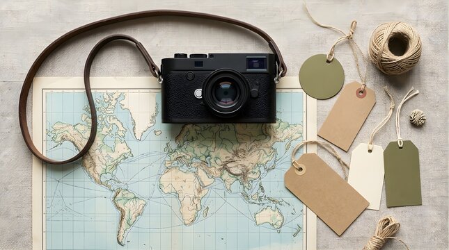 Vintage camera and blank luggage tags on a world map for travel planning